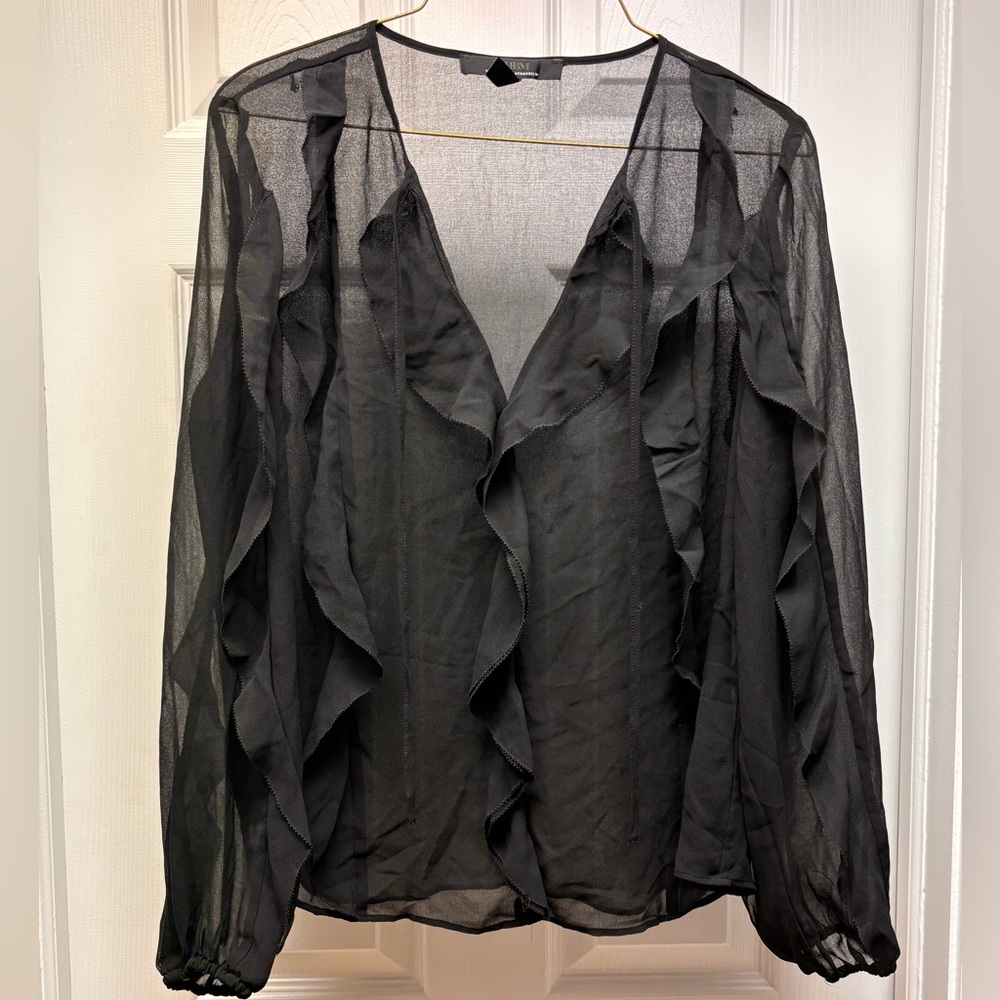 White House Black Market Black Sheer Ruffle Front Blouse